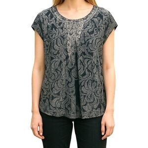 H&M Black White Damask Polyester Rolled Sleeve Shirt Dress